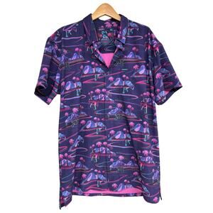Retro Rifle Brownells Button Down Shirt Size XL Palm Trees & Guns Purple Pink
